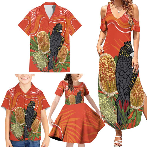 Personalised Australia Banksia And Black Cockatoo Family Matching Summer Maxi Dress and Hawaiian Shirt Aboriginal Art