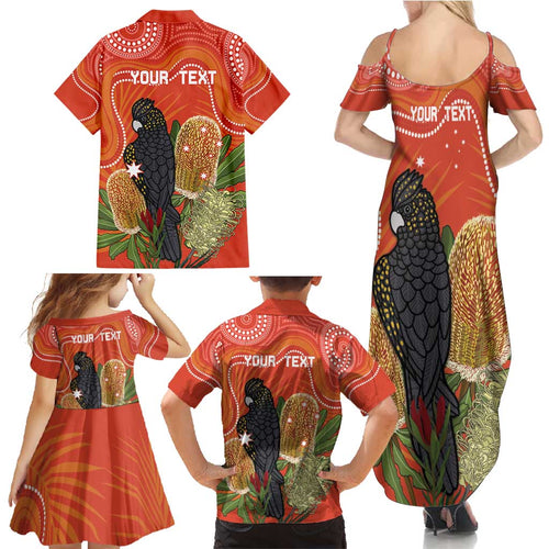 Personalised Australia Banksia And Black Cockatoo Family Matching Summer Maxi Dress and Hawaiian Shirt Aboriginal Art