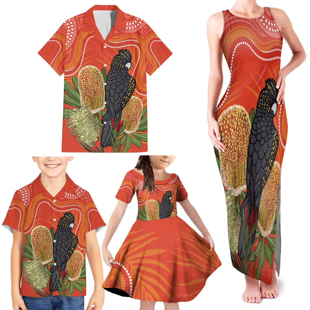 Personalised Australia Banksia And Black Cockatoo Family Matching Tank Maxi Dress and Hawaiian Shirt Aboriginal Art