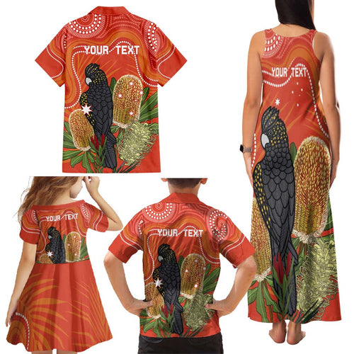 Personalised Australia Banksia And Black Cockatoo Family Matching Tank Maxi Dress and Hawaiian Shirt Aboriginal Art