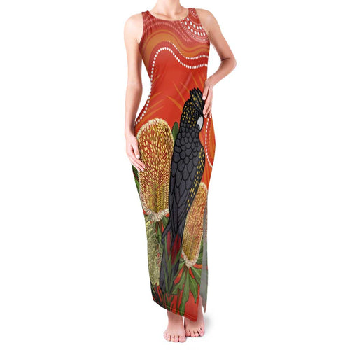 Personalised Australia Banksia And Black Cockatoo Family Matching Tank Maxi Dress and Hawaiian Shirt Aboriginal Art