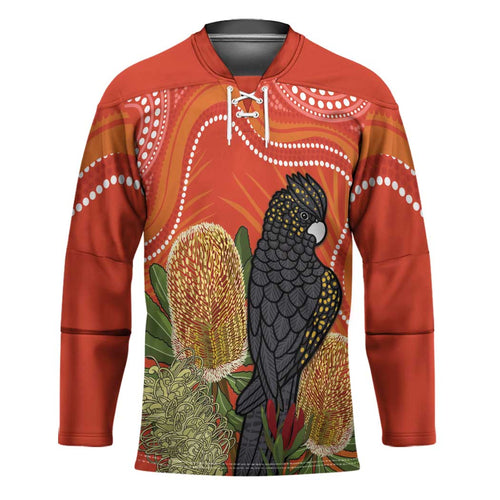 Personalised Australia Banksia And Black Cockatoo Hockey Jersey Aboriginal Art - Aussie Hoodie