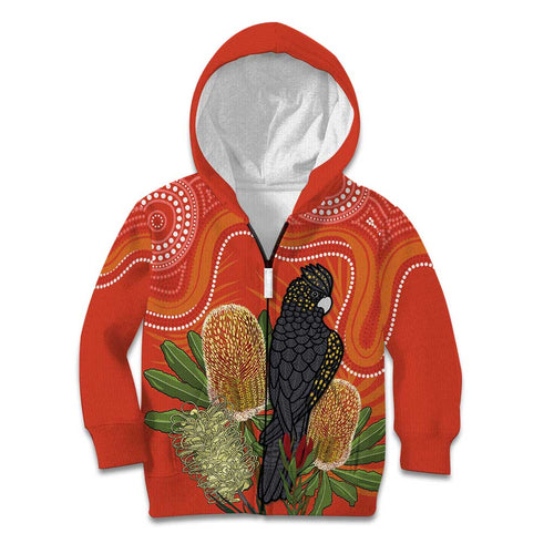 Personalised Australia Banksia And Black Cockatoo Kid Hoodie Aboriginal Art