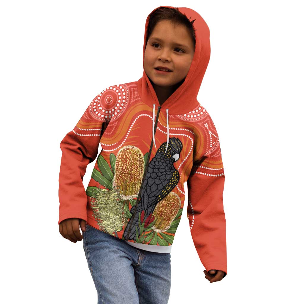 Personalised Australia Banksia And Black Cockatoo Kid Hoodie Aboriginal Art