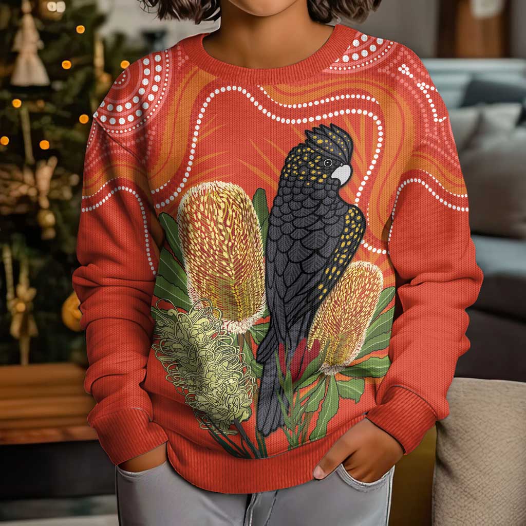 Personalised Australia Banksia And Black Cockatoo Kid Ugly Christmas Sweater Aboriginal Art - Aussie Hoodie