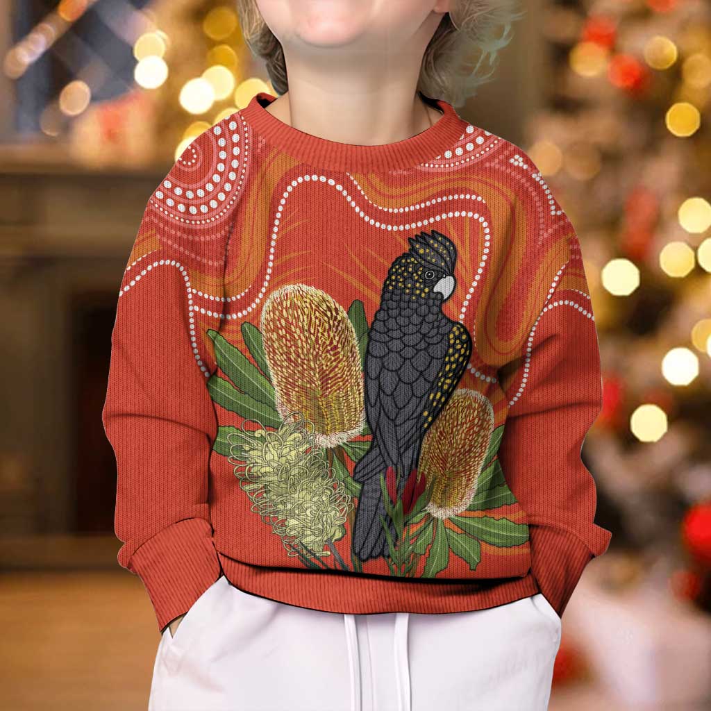 Personalised Australia Banksia And Black Cockatoo Kid Ugly Christmas Sweater Aboriginal Art - Aussie Hoodie