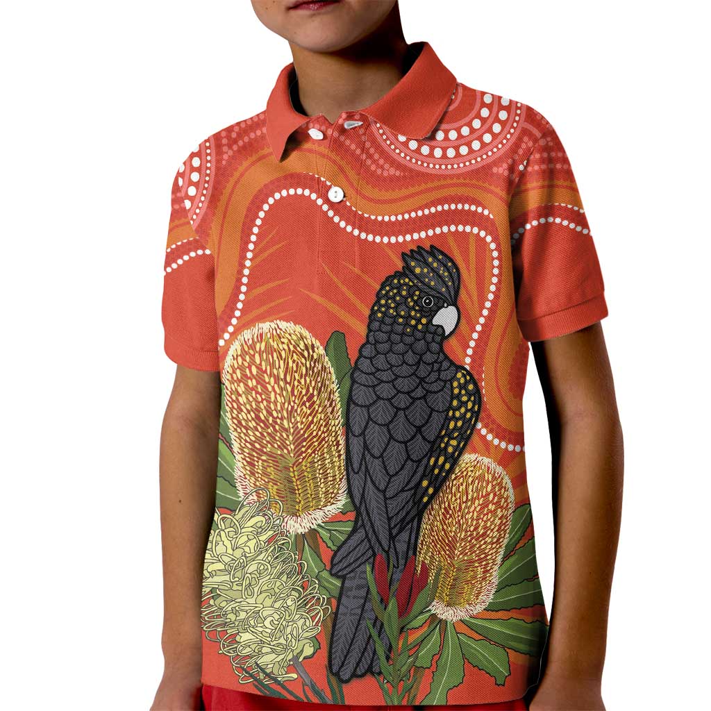 Personalised Australia Banksia And Black Cockatoo Kid Polo Shirt Aboriginal Art