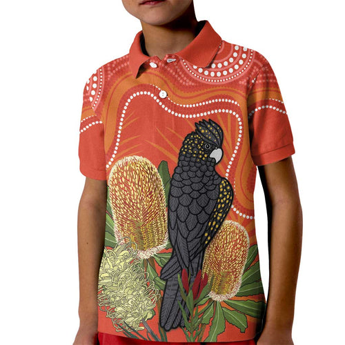 Personalised Australia Banksia And Black Cockatoo Kid Polo Shirt Aboriginal Art