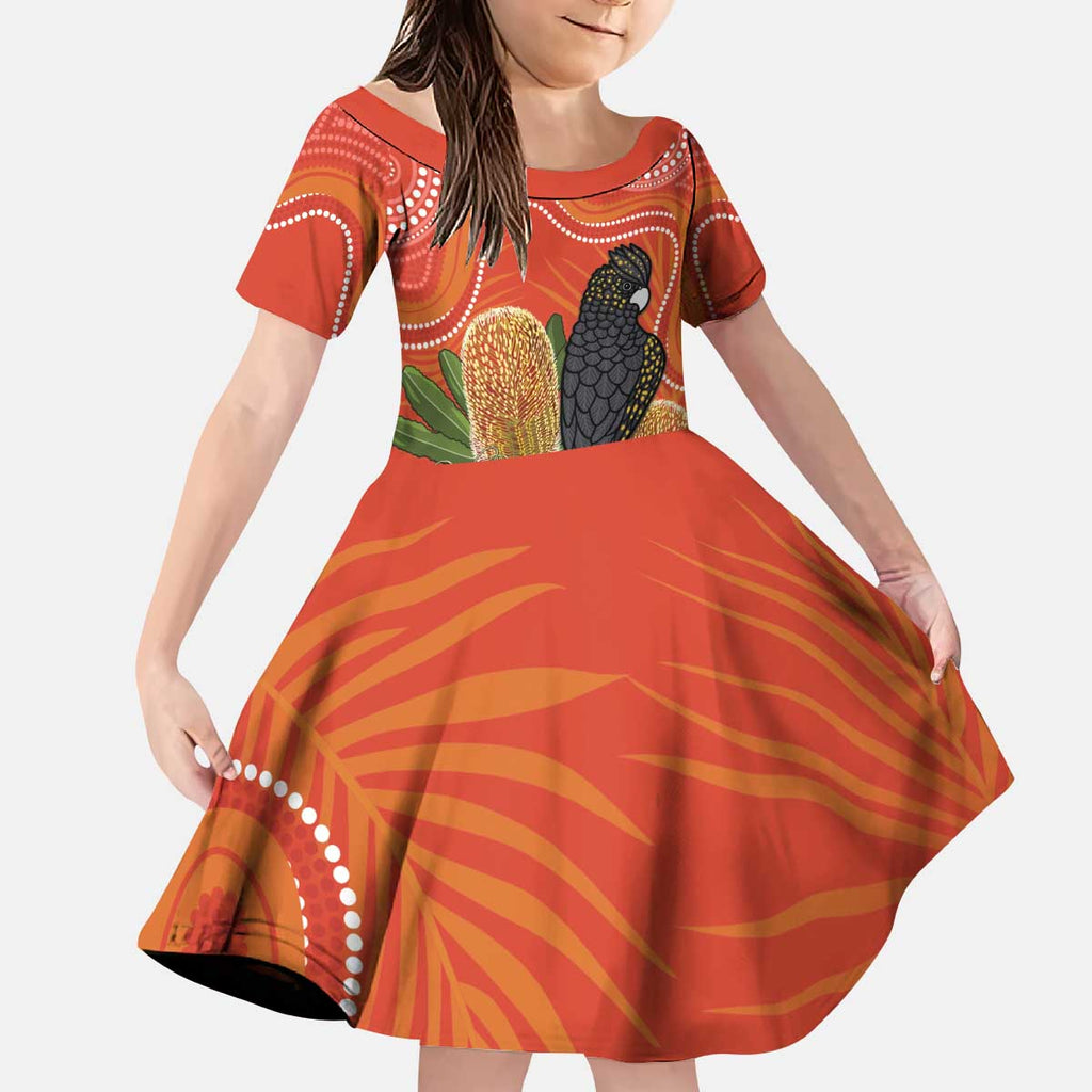 Personalised Australia Banksia And Black Cockatoo Kid Short Sleeve Dress Aboriginal Art