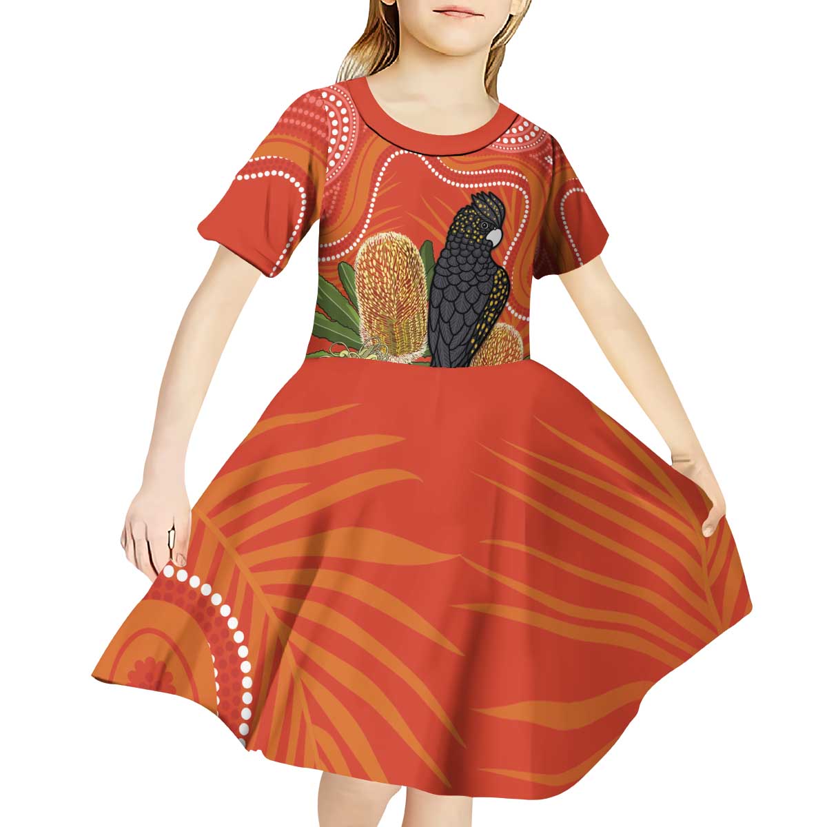 Personalised Australia Banksia And Black Cockatoo Kid Short Sleeve Dress Aboriginal Art