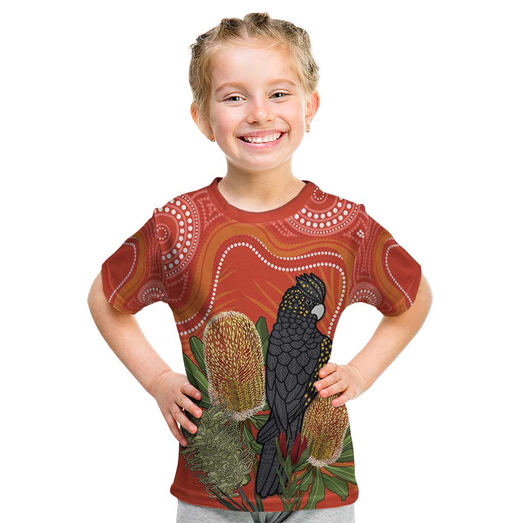 Personalised Australia Banksia And Black Cockatoo Kid T Shirt Aboriginal Art