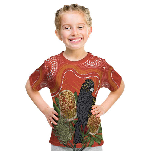Personalised Australia Banksia And Black Cockatoo Kid T Shirt Aboriginal Art