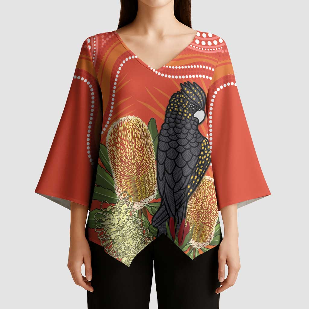 Personalised Australia Banksia And Black Cockatoo Kimono Sleeve Blouse Aboriginal Art - Aussie Hoodie