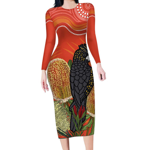 Personalised Australia Banksia And Black Cockatoo Long Sleeve Bodycon Dress Aboriginal Art