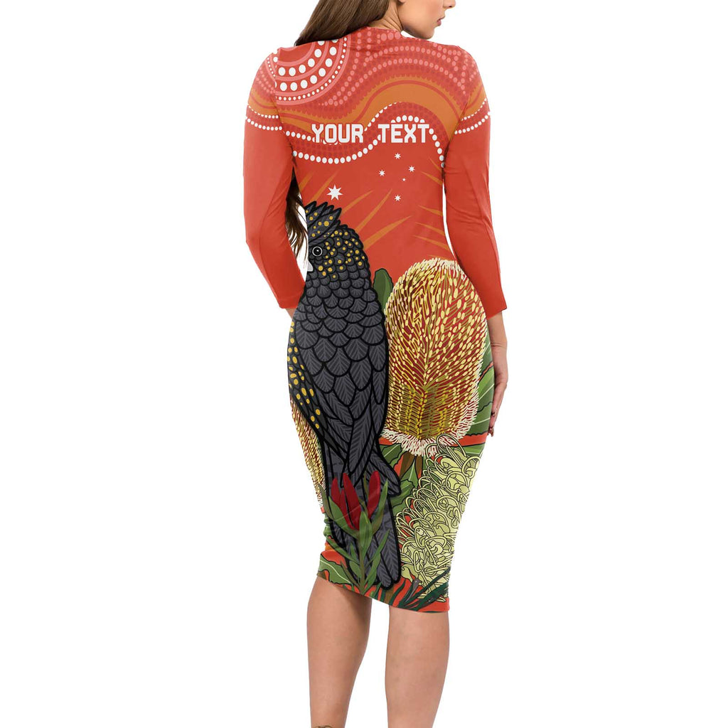 Personalised Australia Banksia And Black Cockatoo Long Sleeve Bodycon Dress Aboriginal Art