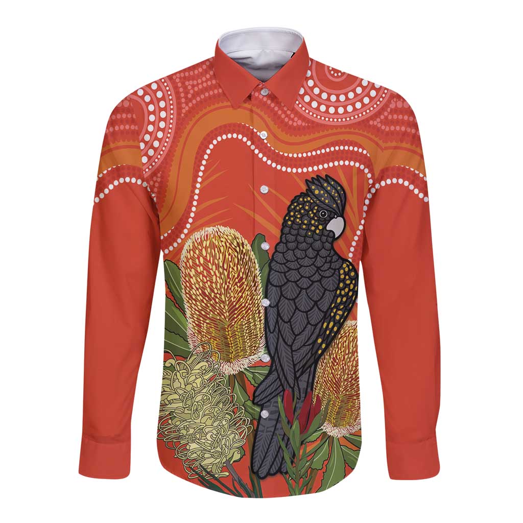 Personalised Australia Banksia And Black Cockatoo Long Sleeve Button Shirt Aboriginal Art