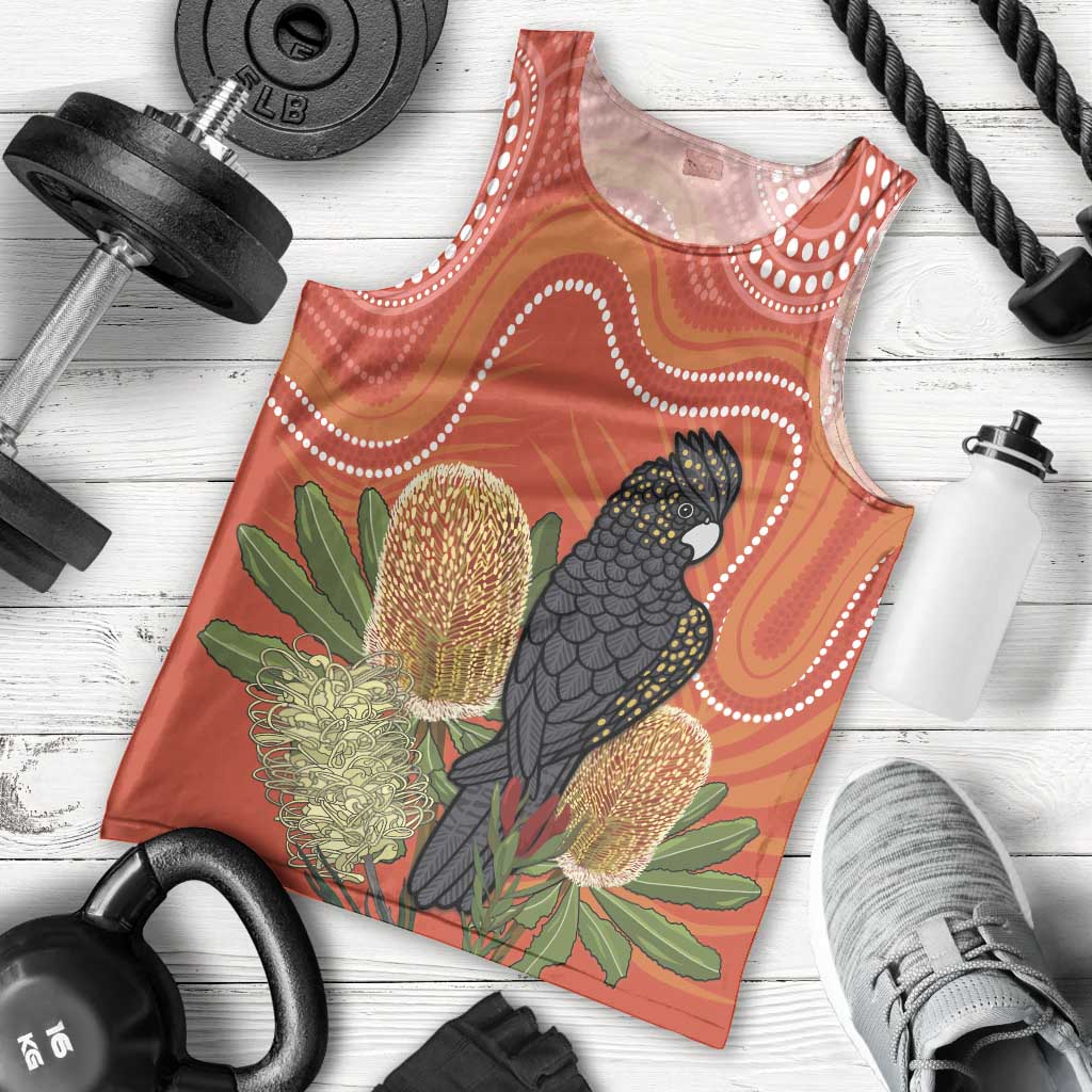 Personalised Australia Banksia And Black Cockatoo Men Tank Top Aboriginal Art