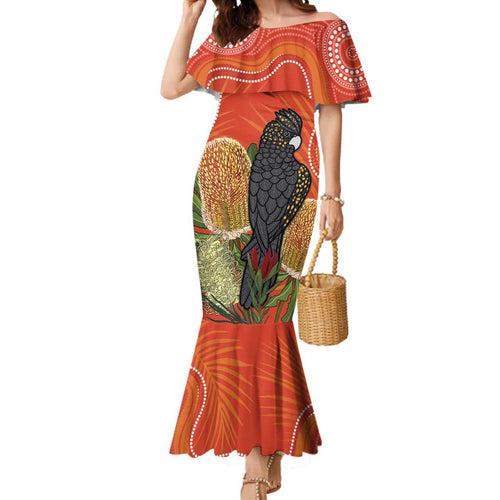 Personalised Australia Banksia And Black Cockatoo Mermaid Dress Aboriginal Art
