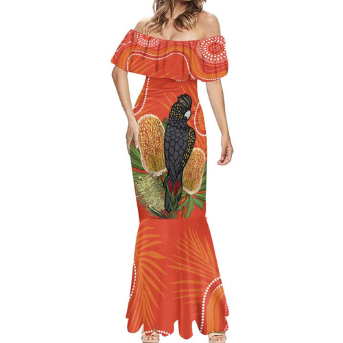Personalised Australia Banksia And Black Cockatoo Mermaid Dress Aboriginal Art