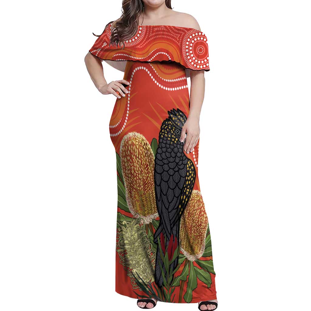 Personalised Australia Banksia And Black Cockatoo Off Shoulder Maxi Dress Aboriginal Art