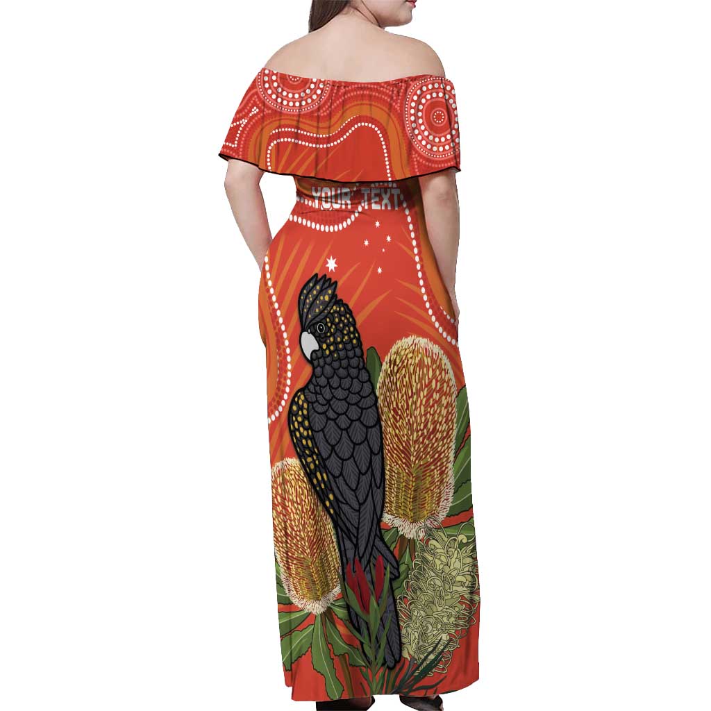 Personalised Australia Banksia And Black Cockatoo Off Shoulder Maxi Dress Aboriginal Art