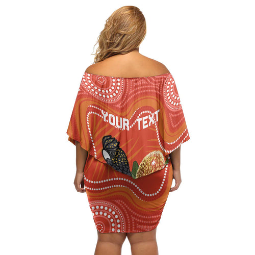 Personalised Australia Banksia And Black Cockatoo Off Shoulder Short Dress Aboriginal Art