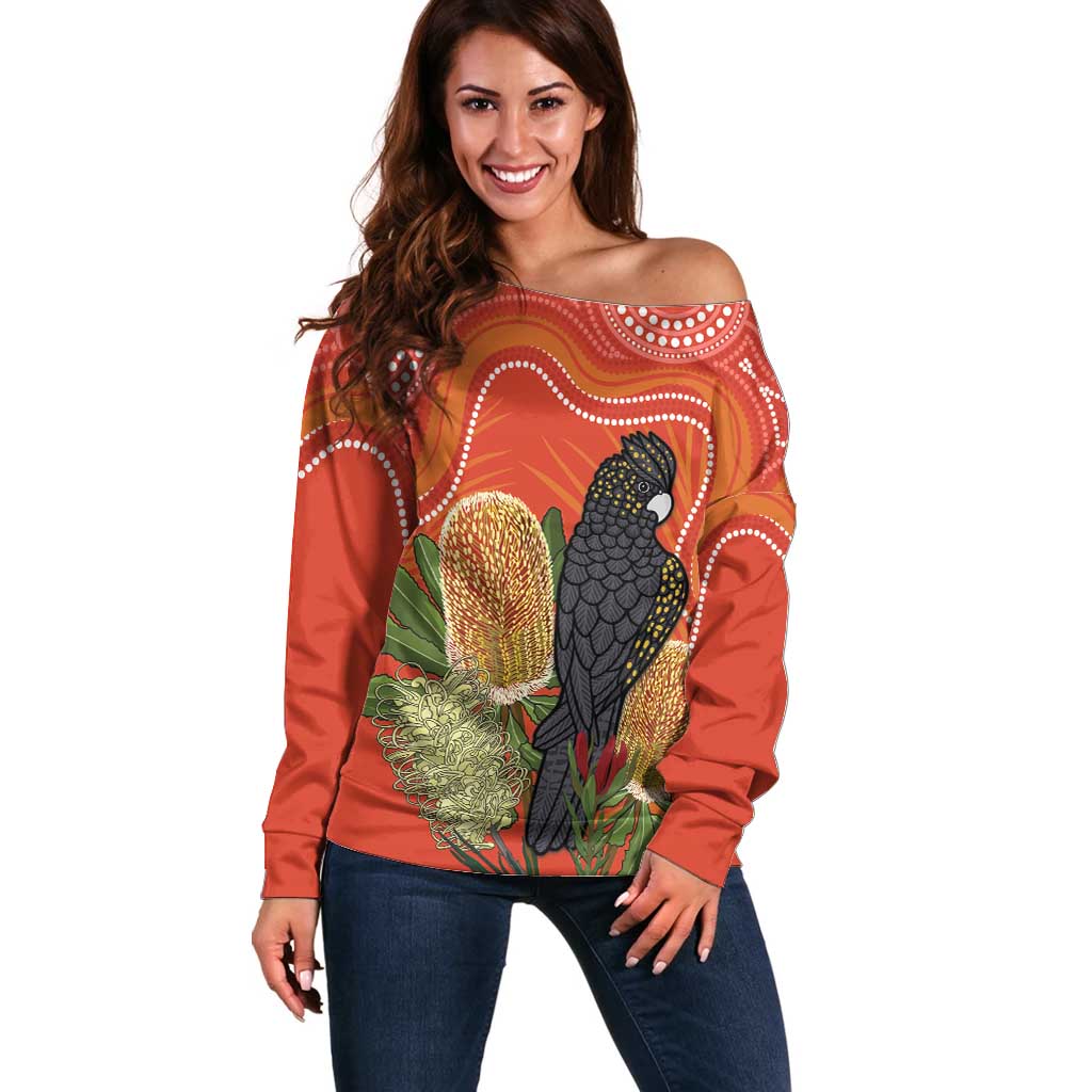Personalised Australia Banksia And Black Cockatoo Off Shoulder Sweater Aboriginal Art