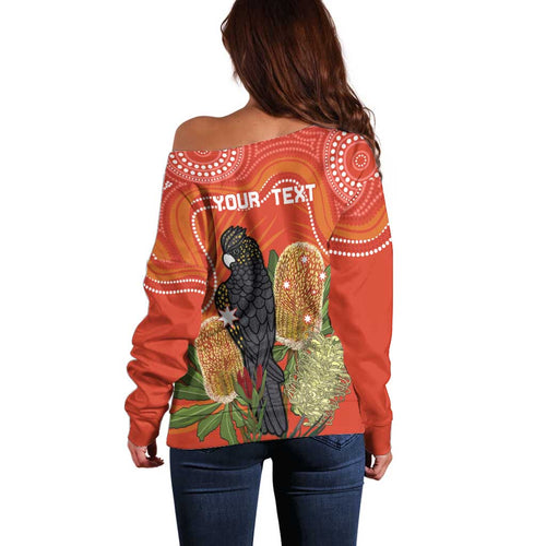 Personalised Australia Banksia And Black Cockatoo Off Shoulder Sweater Aboriginal Art