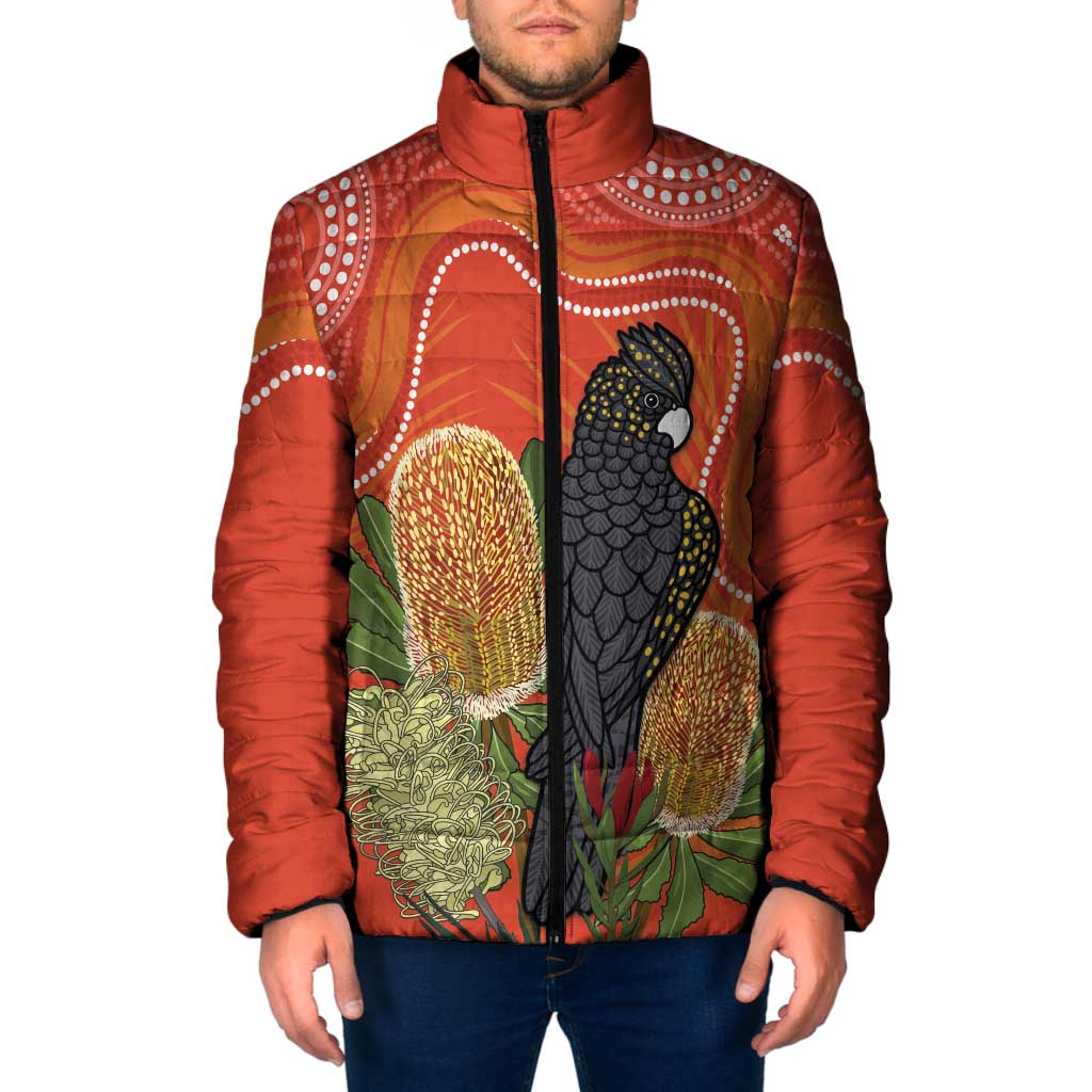 Personalised Australia Banksia And Black Cockatoo Padded Jacket Aboriginal Art - Aussie Hoodie