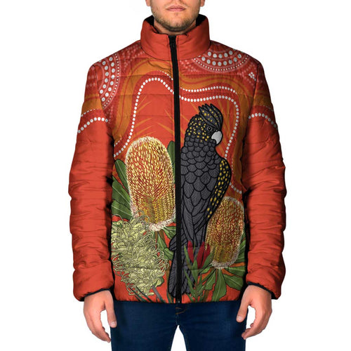 Personalised Australia Banksia And Black Cockatoo Padded Jacket Aboriginal Art - Aussie Hoodie