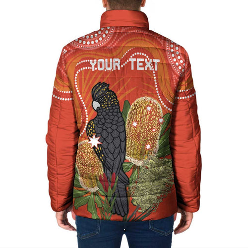 Personalised Australia Banksia And Black Cockatoo Padded Jacket Aboriginal Art - Aussie Hoodie