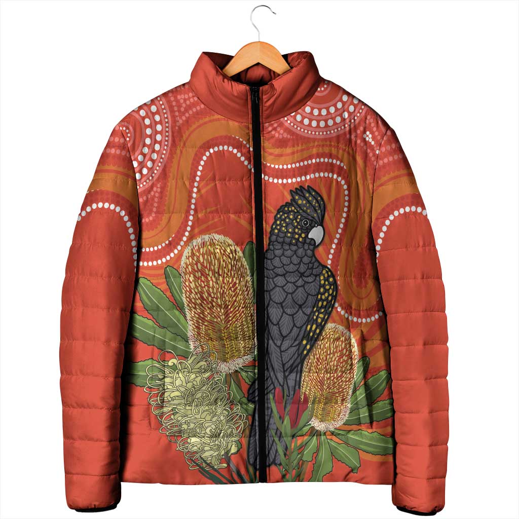 Personalised Australia Banksia And Black Cockatoo Padded Jacket Aboriginal Art - Aussie Hoodie