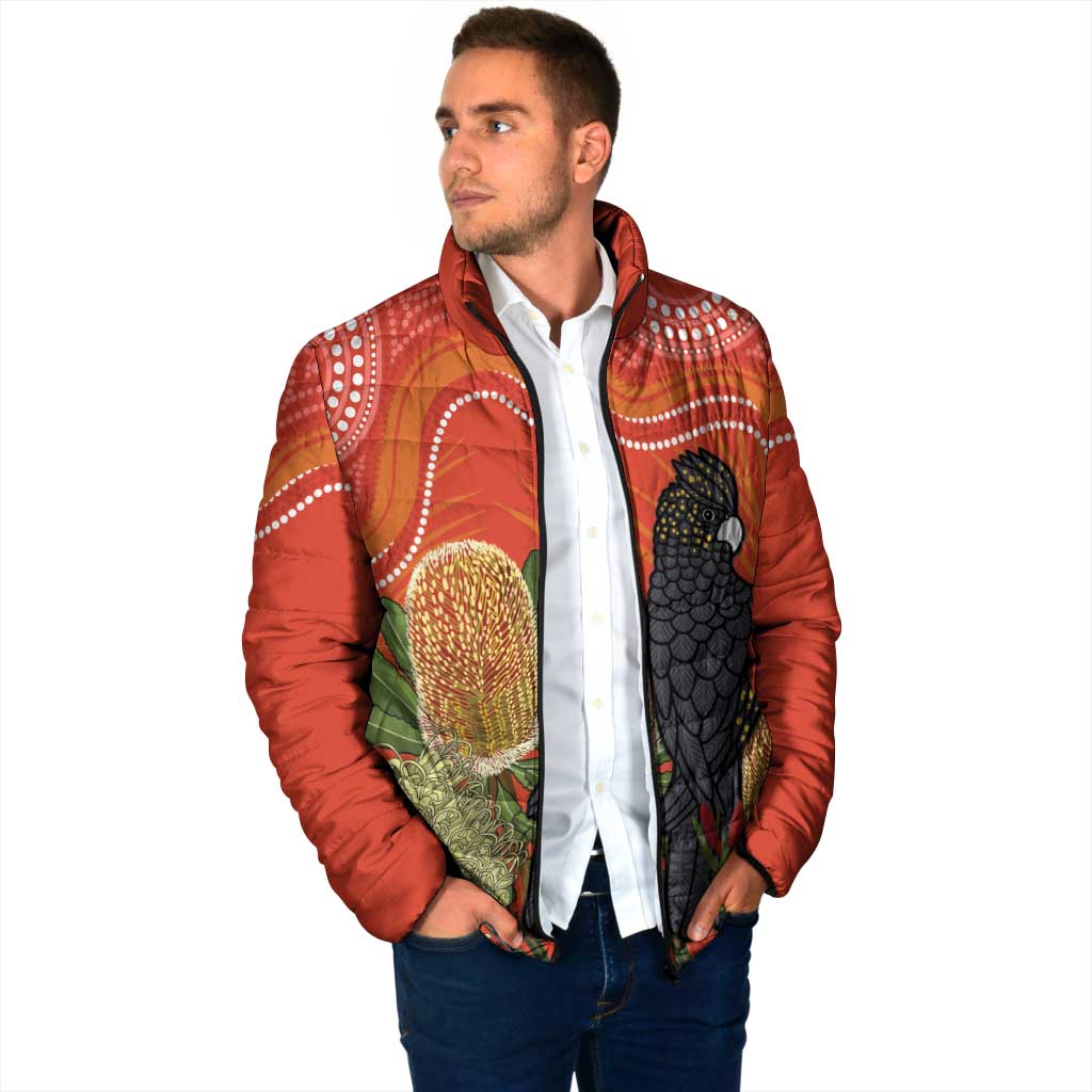 Personalised Australia Banksia And Black Cockatoo Padded Jacket Aboriginal Art - Aussie Hoodie