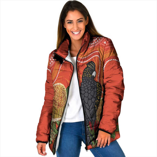 Personalised Australia Banksia And Black Cockatoo Padded Jacket Aboriginal Art - Aussie Hoodie