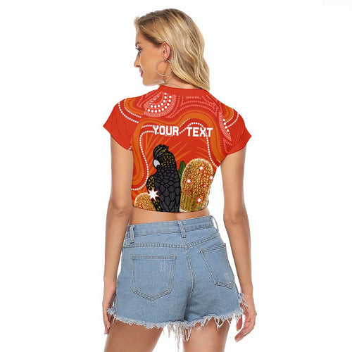 Personalised Australia Banksia And Black Cockatoo Raglan Cropped T Shirt Aboriginal Art