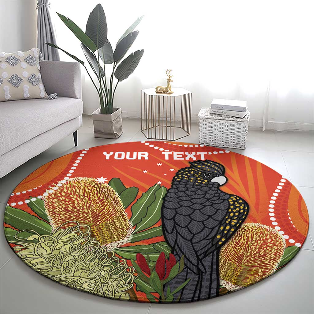 Personalised Australia Banksia And Black Cockatoo Round Carpet Aboriginal Art