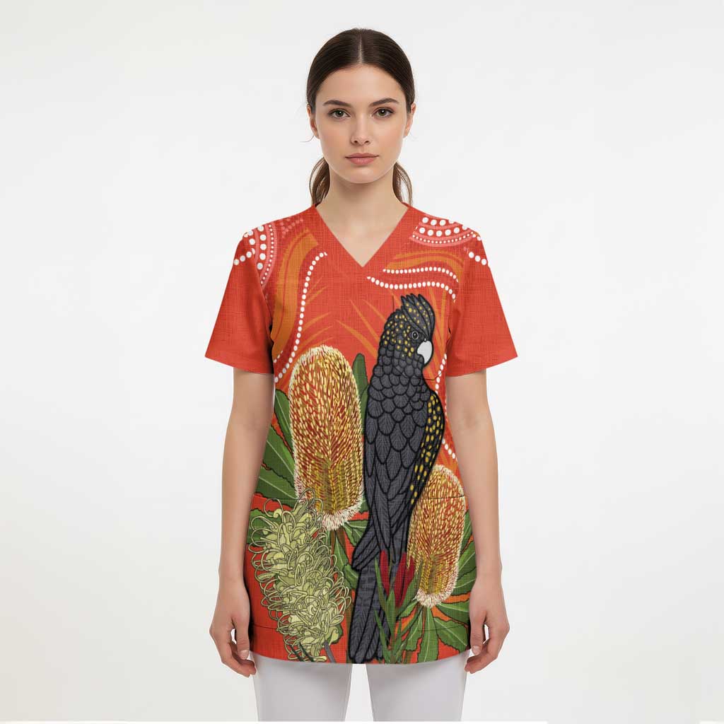 Personalised Australia Banksia And Black Cockatoo Scrub Top Aboriginal Art - Aussie Hoodie