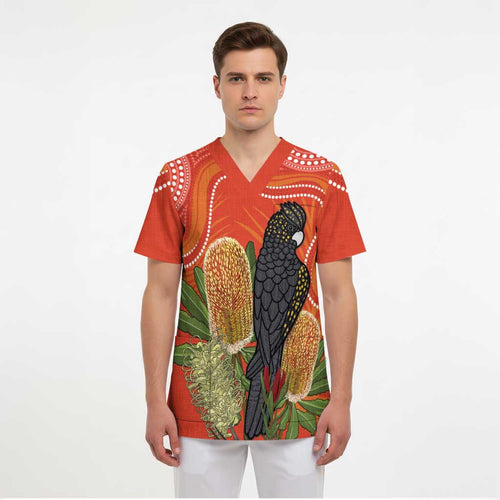 Personalised Australia Banksia And Black Cockatoo Scrub Top Aboriginal Art - Aussie Hoodie