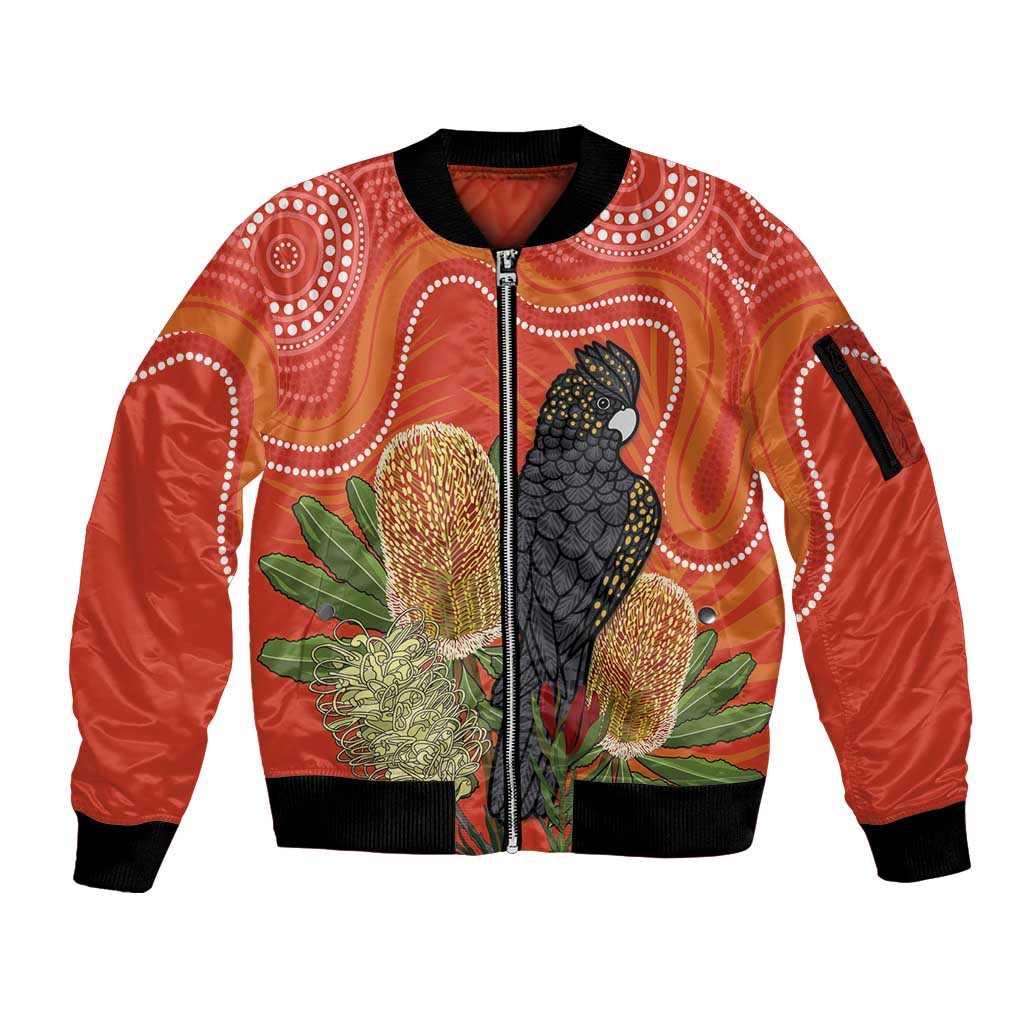 Personalised Australia Banksia And Black Cockatoo Sleeve Zip Bomber Jacket Aboriginal Art