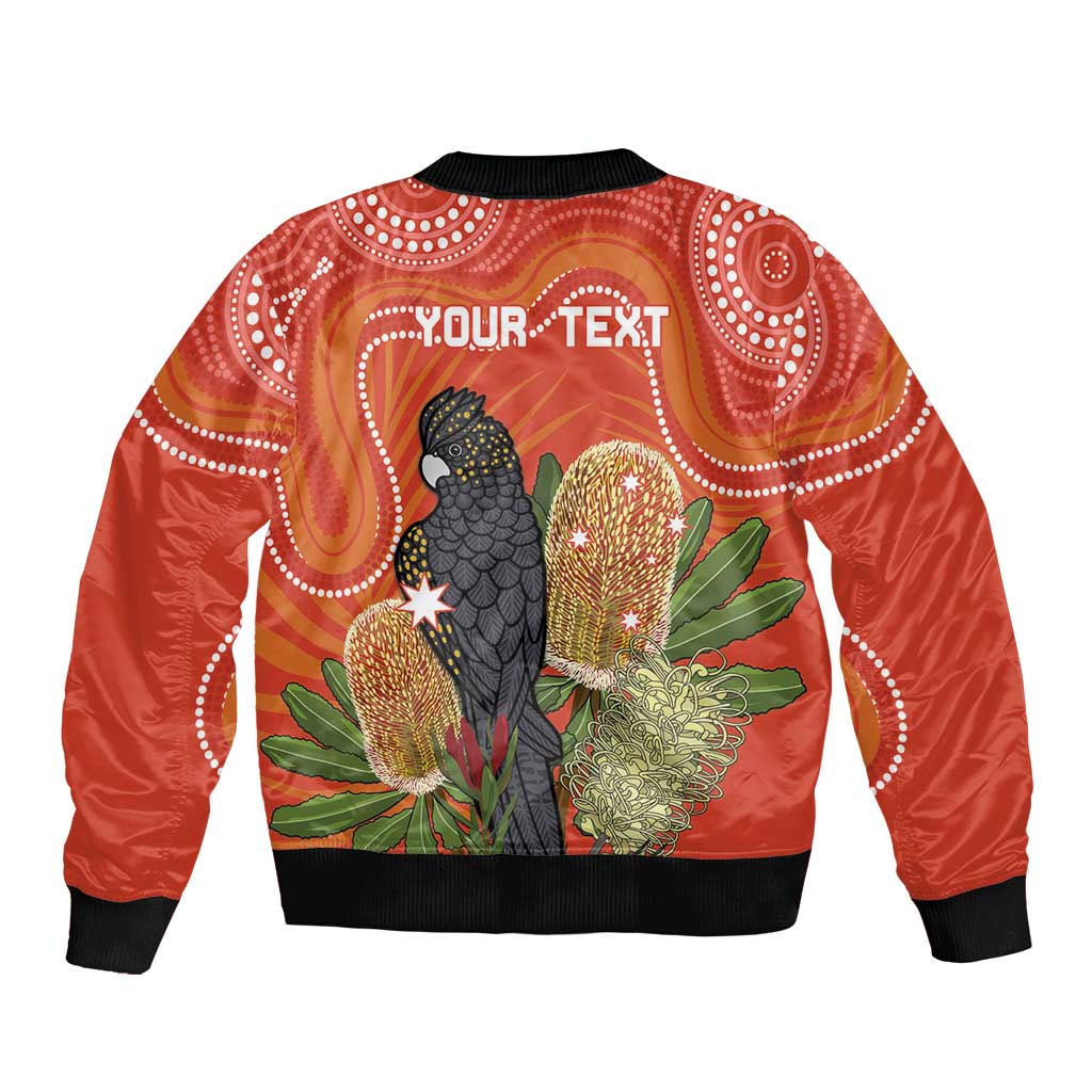 Personalised Australia Banksia And Black Cockatoo Sleeve Zip Bomber Jacket Aboriginal Art