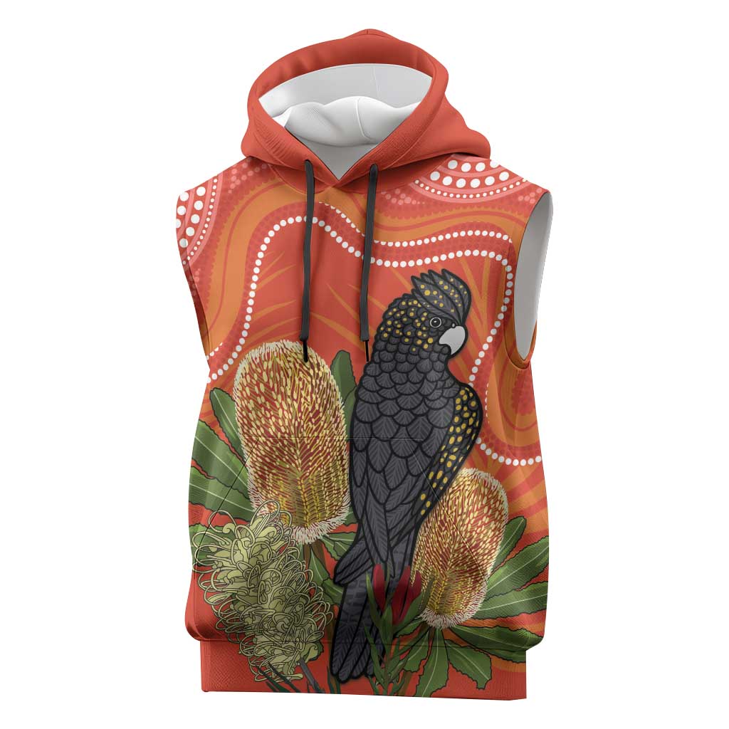 Personalised Australia Banksia And Black Cockatoo Sleeveless Hoodie Aboriginal Art - Aussie Hoodie