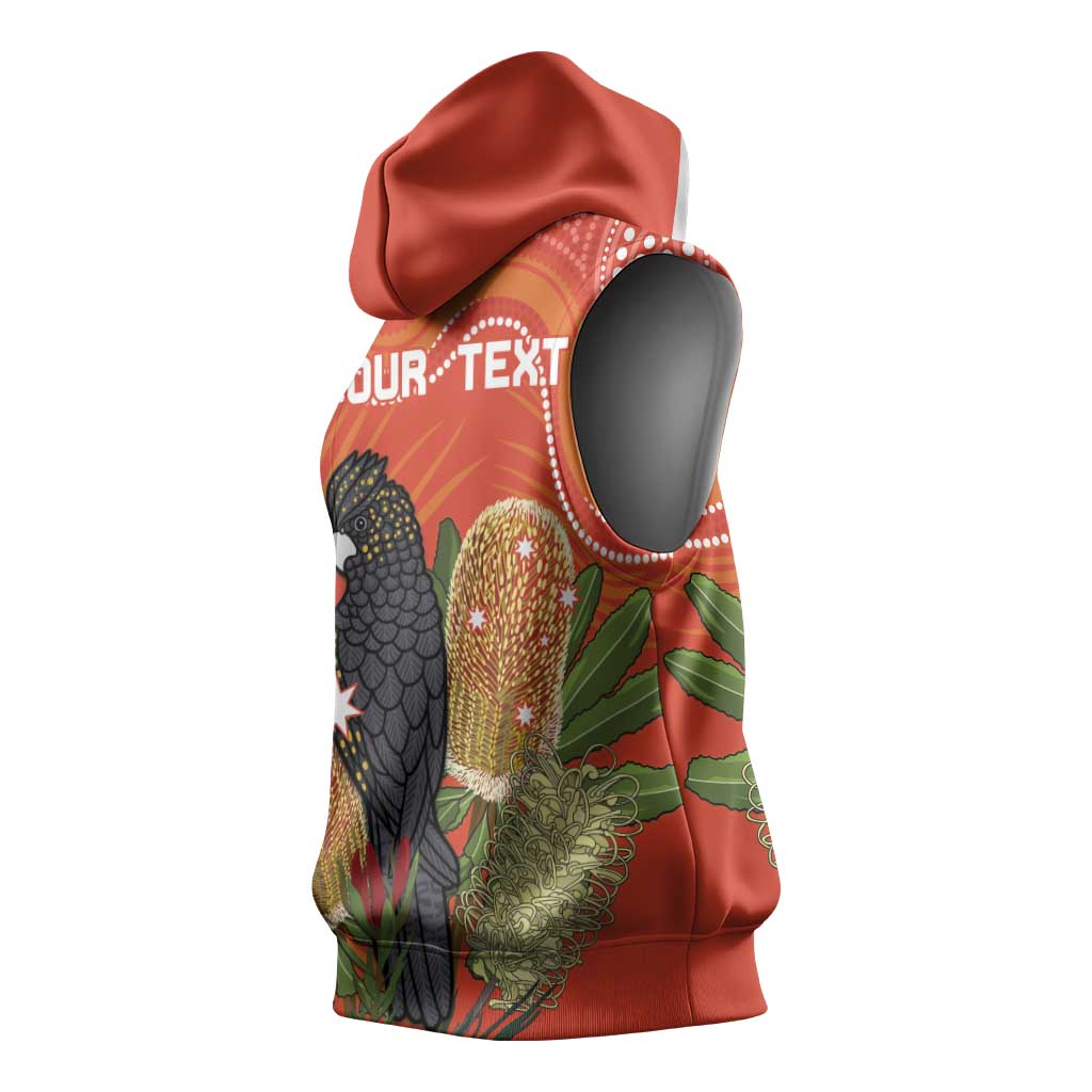 Personalised Australia Banksia And Black Cockatoo Sleeveless Hoodie Aboriginal Art - Aussie Hoodie