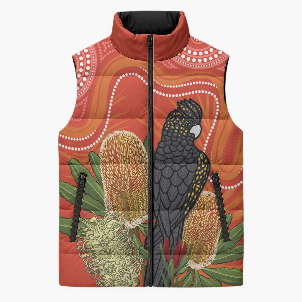 Personalised Australia Banksia And Black Cockatoo Sleeveless Puffer Jacket Aboriginal Art - Aussie Hoodie