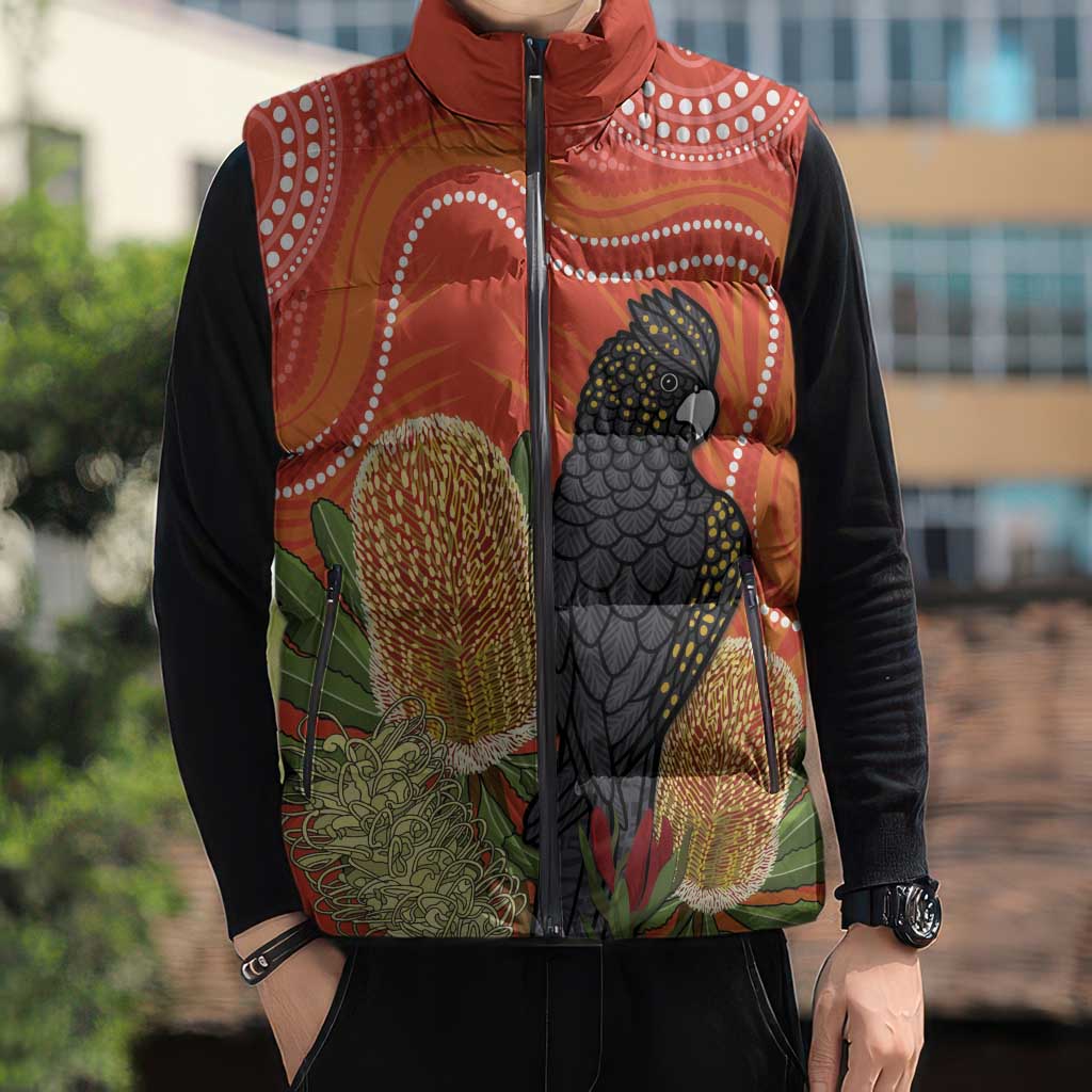 Personalised Australia Banksia And Black Cockatoo Sleeveless Puffer Jacket Aboriginal Art - Aussie Hoodie