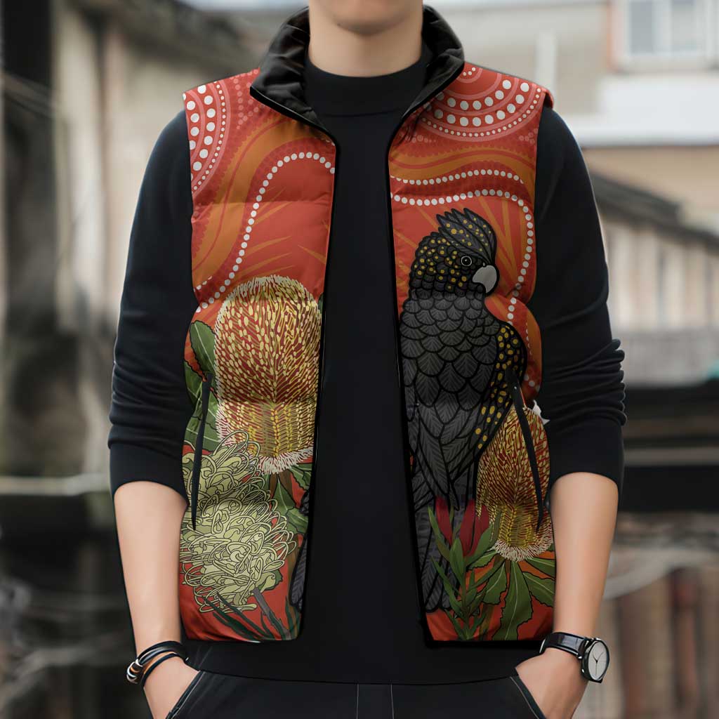 Personalised Australia Banksia And Black Cockatoo Sleeveless Puffer Jacket Aboriginal Art - Aussie Hoodie