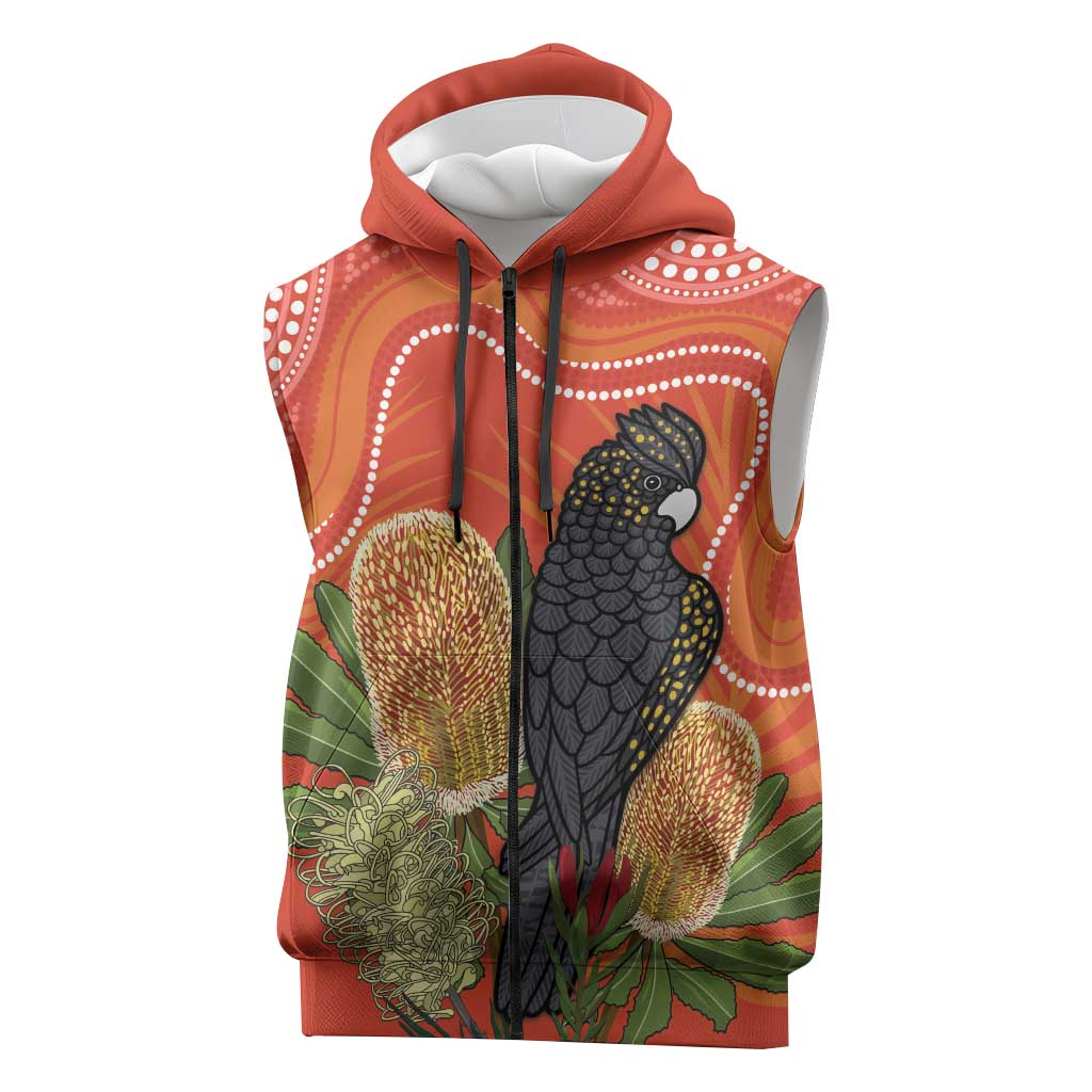 Personalised Australia Banksia And Black Cockatoo Sleeveless Zip Hoodie Aboriginal Art LT14