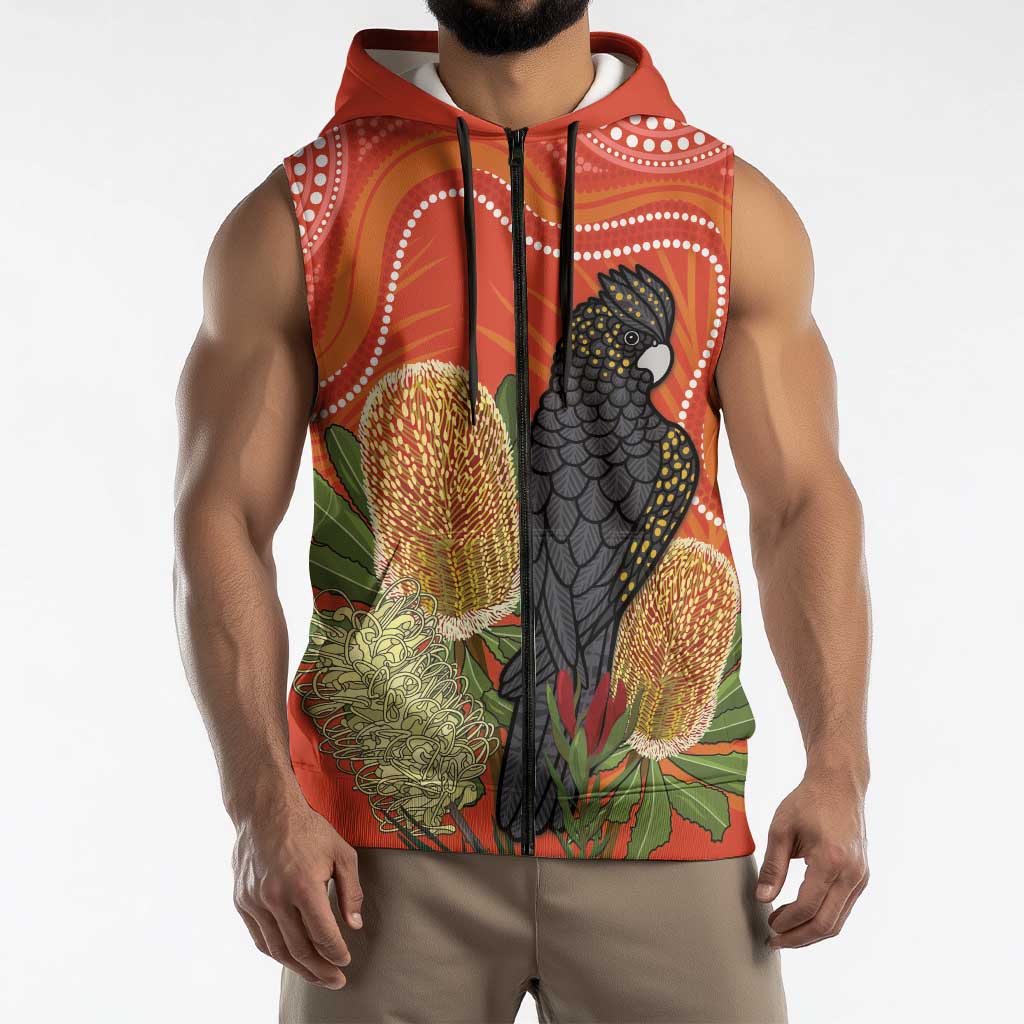 Personalised Australia Banksia And Black Cockatoo Sleeveless Zip Hoodie Aboriginal Art LT14