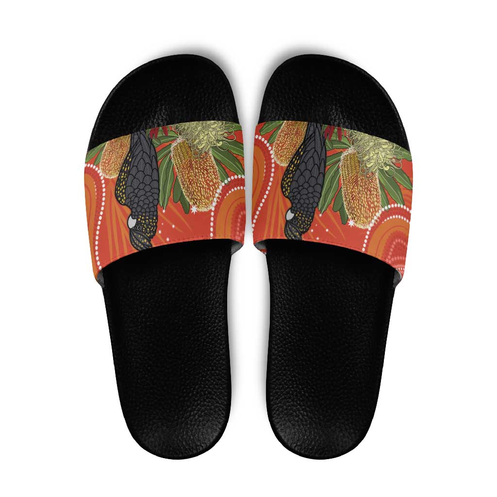 Personalised Australia Banksia And Black Cockatoo Slide Sandals Aboriginal Art - Aussie Hoodie