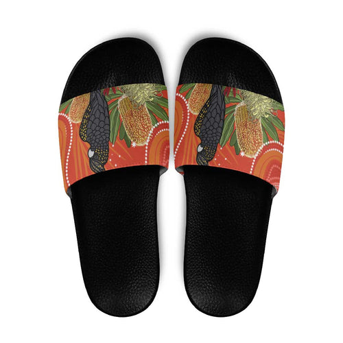 Personalised Australia Banksia And Black Cockatoo Slide Sandals Aboriginal Art - Aussie Hoodie