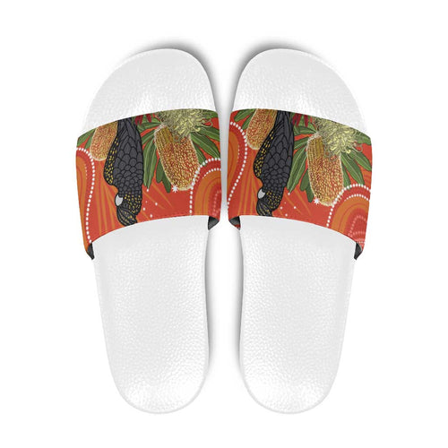 Personalised Australia Banksia And Black Cockatoo Slide Sandals Aboriginal Art - Aussie Hoodie